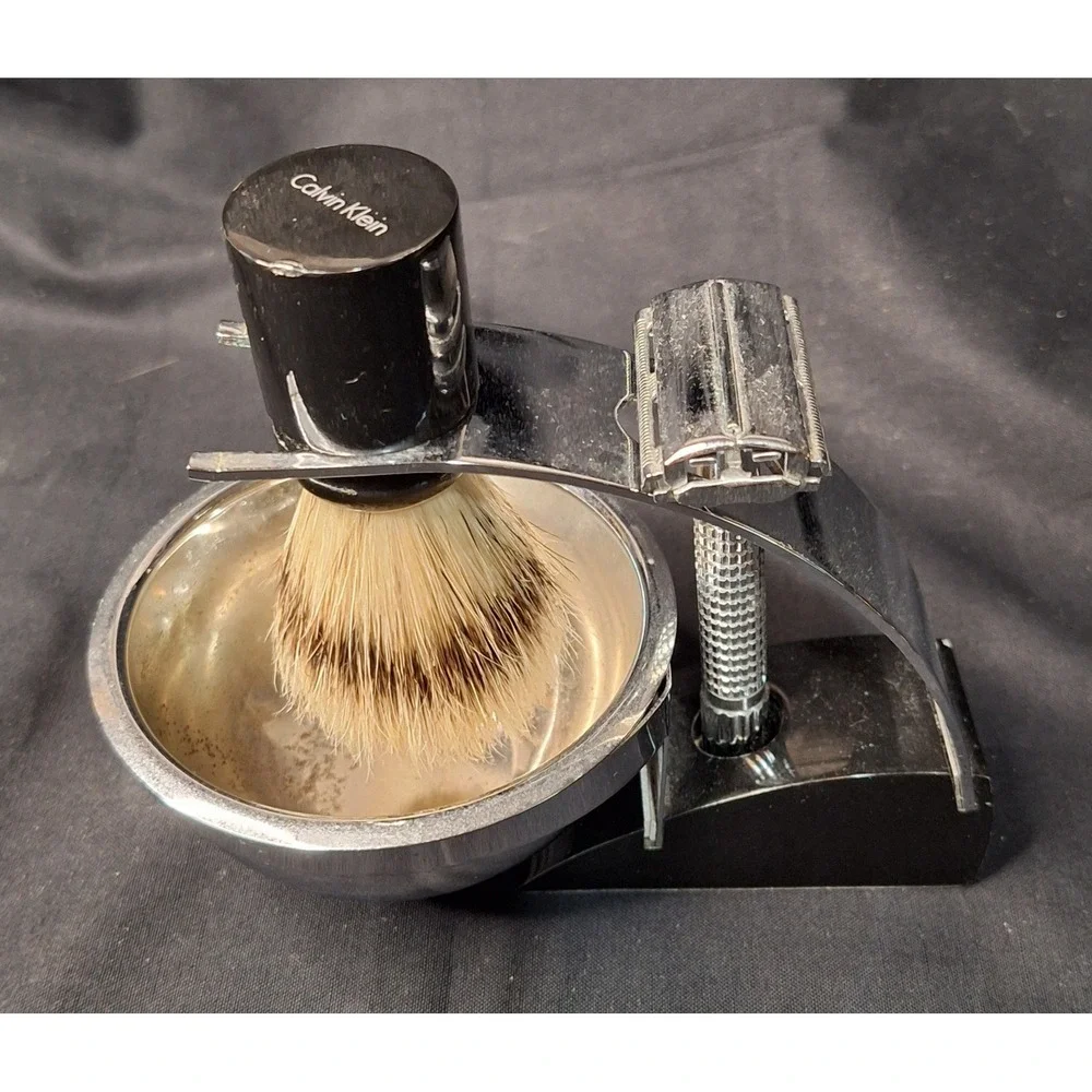Calvin Klein Vintage Shaving Set Safety Razor Brush Bowl and Stand 4 Piece Kit